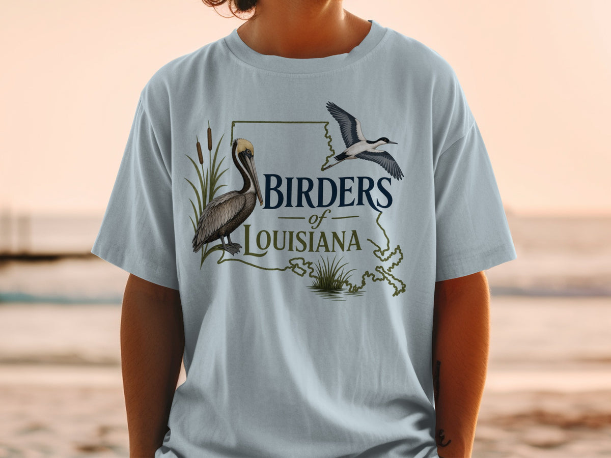 Birders of Louisiana design with pelican, bird in flight, and Louisiana outline.