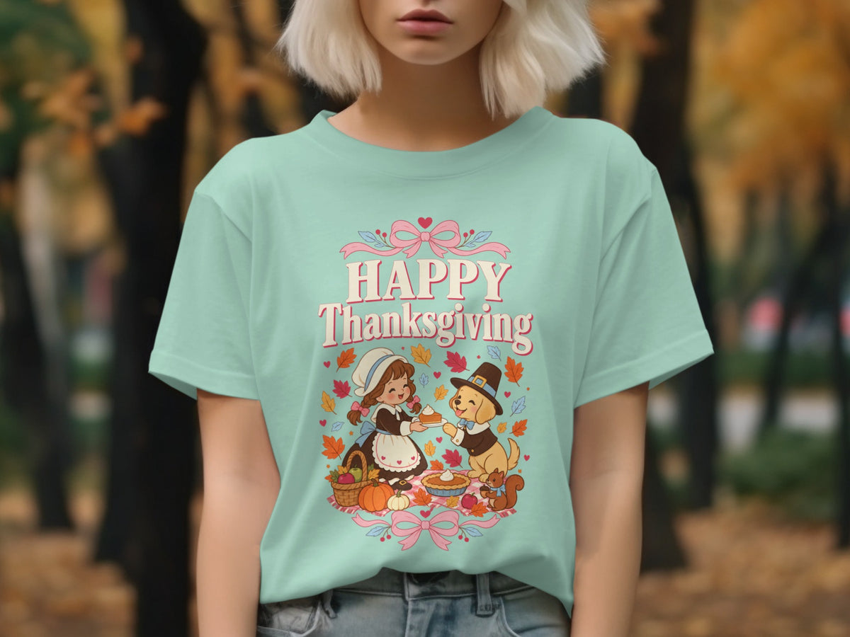 Thanksgiving t-shirt with pilgrim girl, dog, pie, and autumn leaves.