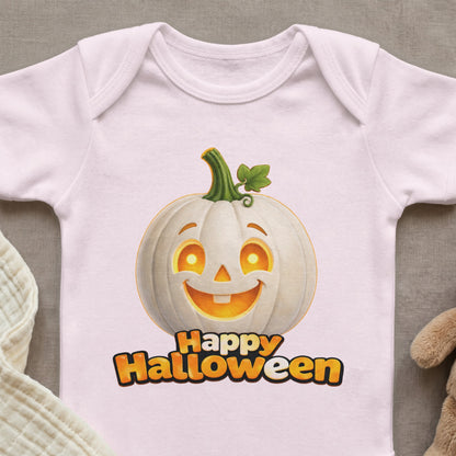 Pink onesie with a smiling white pumpkin and "Happy Halloween" text.