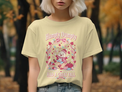 Humpty Dumpty shirt with text "HAD A GREAT FALL" and autumnal graphics.