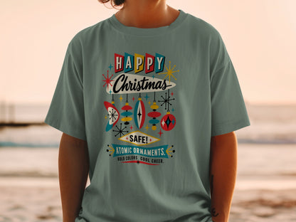 Green t-shirt with "Happy Christmas Atomic Ornaments" design and starbursts.