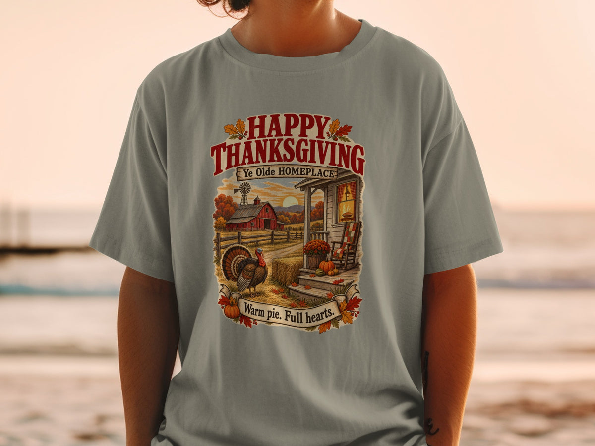 Happy Thanksgiving Ye Olde Homeplace turkey farm scene with text.