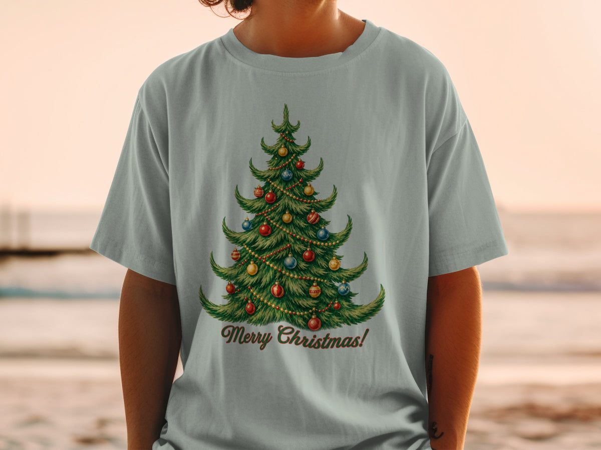 Light grey t-shirt with a vintage-style Christmas tree graphic and "Merry Christmas!" text.