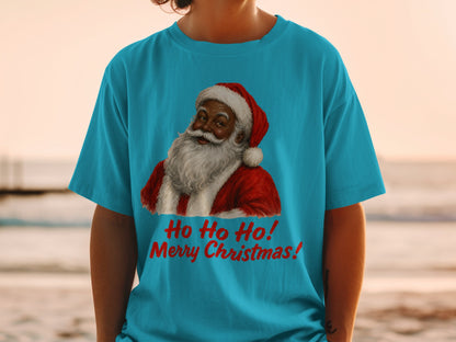 Teal t-shirt with Santa illustration and red text "Ho Ho Ho! Merry Christmas!"