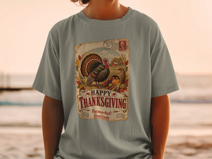 Thanksgiving t-shirt design with turkey, cornucopia, and text "Happy Thanksgiving Postmarked: Gratitude".
