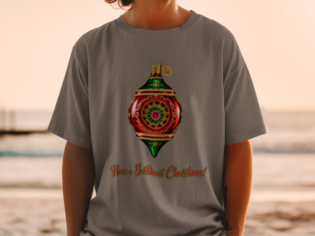 Grey t-shirt with a festive Christmas ornament and "Have a Brilliant Christmas!" text.
