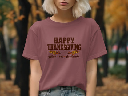 Maroon t-shirt with "Happy Thanksgiving" text and wheat graphic.