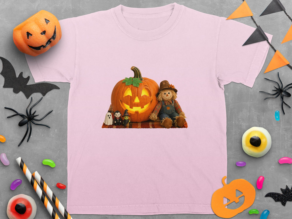 Pink t-shirt with a Halloween graphic of a scarecrow and a jack-o'-lantern.