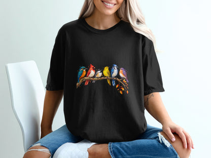 Black t-shirt with colorful birds perched on a branch.
