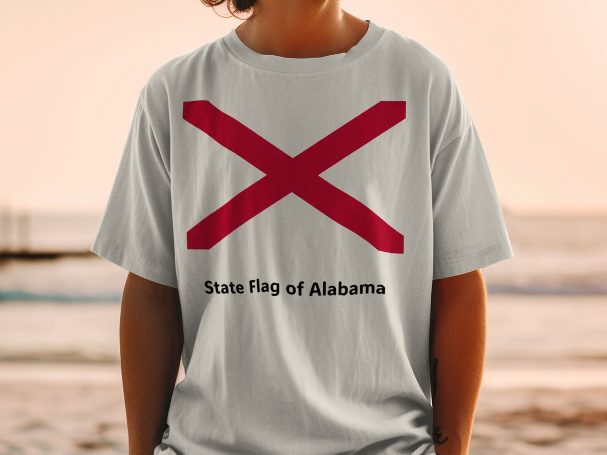 T-shirt featuring the State Flag of Alabama and text.