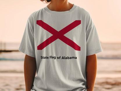 T-shirt featuring the State Flag of Alabama and text.