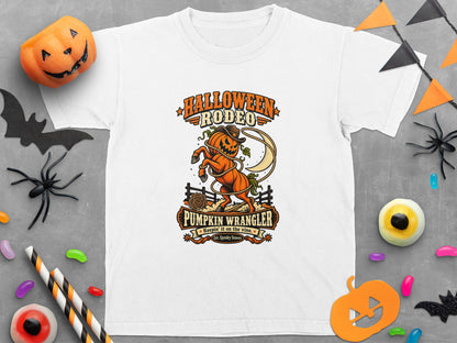 White t-shirt with "Halloween Rodeo Pumpkin Wrangler" graphic and crescent moon.
