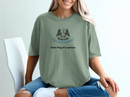 Green t-shirt with the State Flag of Louisiana design and text.