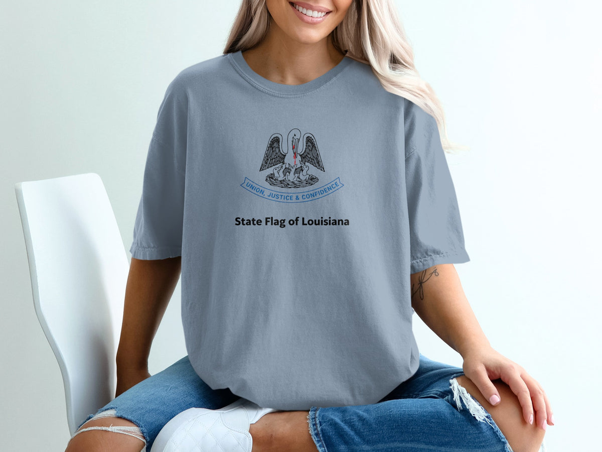 Light blue t-shirt featuring the State Flag of Louisiana design.