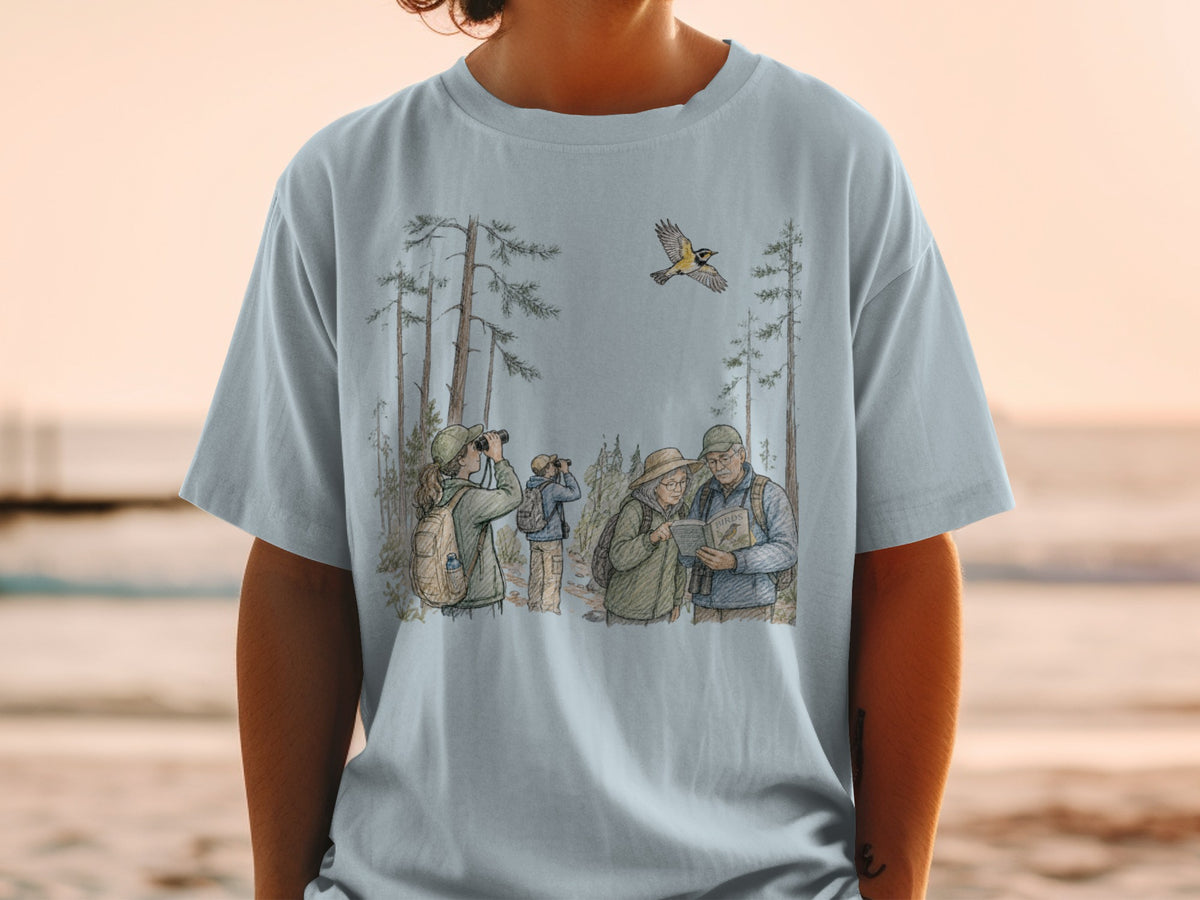Illustration of birdwatchers in a forest, with a bird flying overhead.