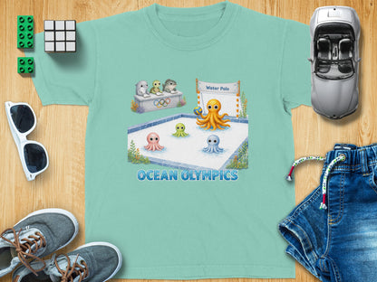 Ocean Olympics with cartoon octopuses playing water polo and other sea creatures.