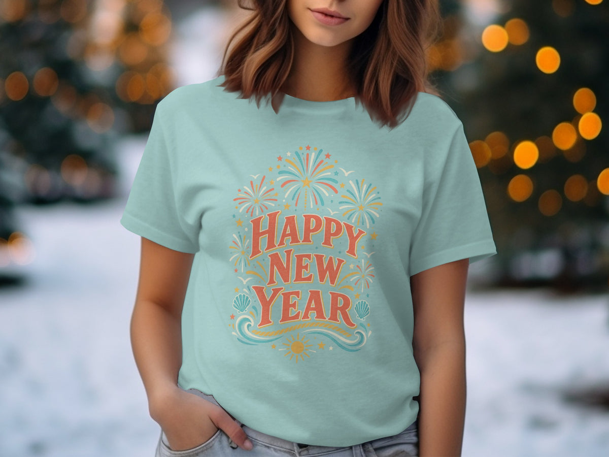 Light blue t-shirt with "Happy New Year" text and fireworks graphic.