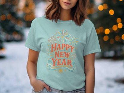 Light blue t-shirt with "Happy New Year" text and fireworks graphic.