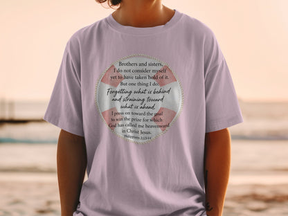 Purple t-shirt with a life preserver graphic containing Bible verse Philippians 3:13-14.