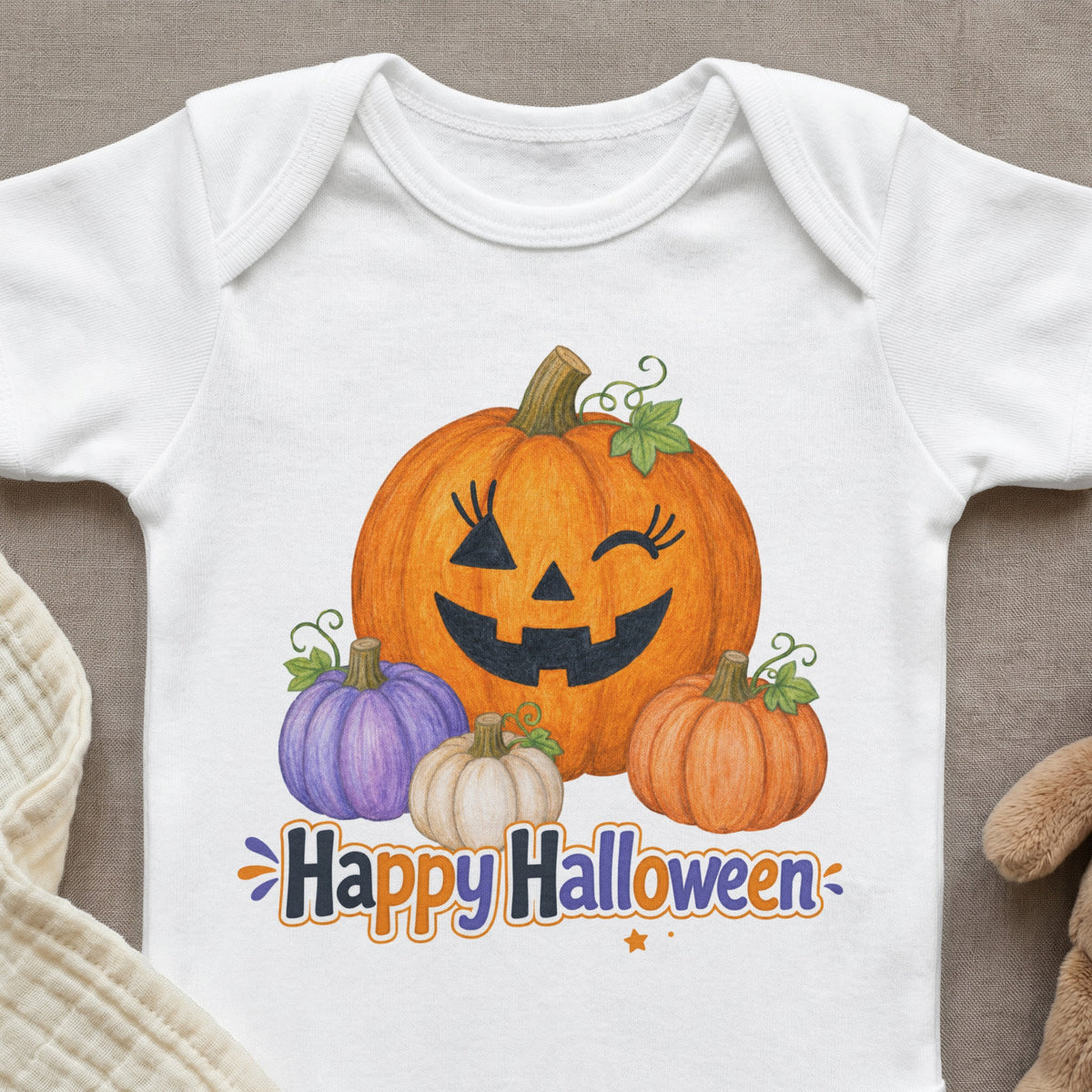 White bodysuit with smiling jack-o'-lantern and "Happy Halloween" text.