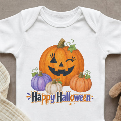 White bodysuit with smiling jack-o'-lantern and "Happy Halloween" text.