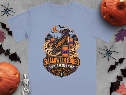 "Halloween Rodeo" spooky barrel racing t-shirt with cowgirl and horse.