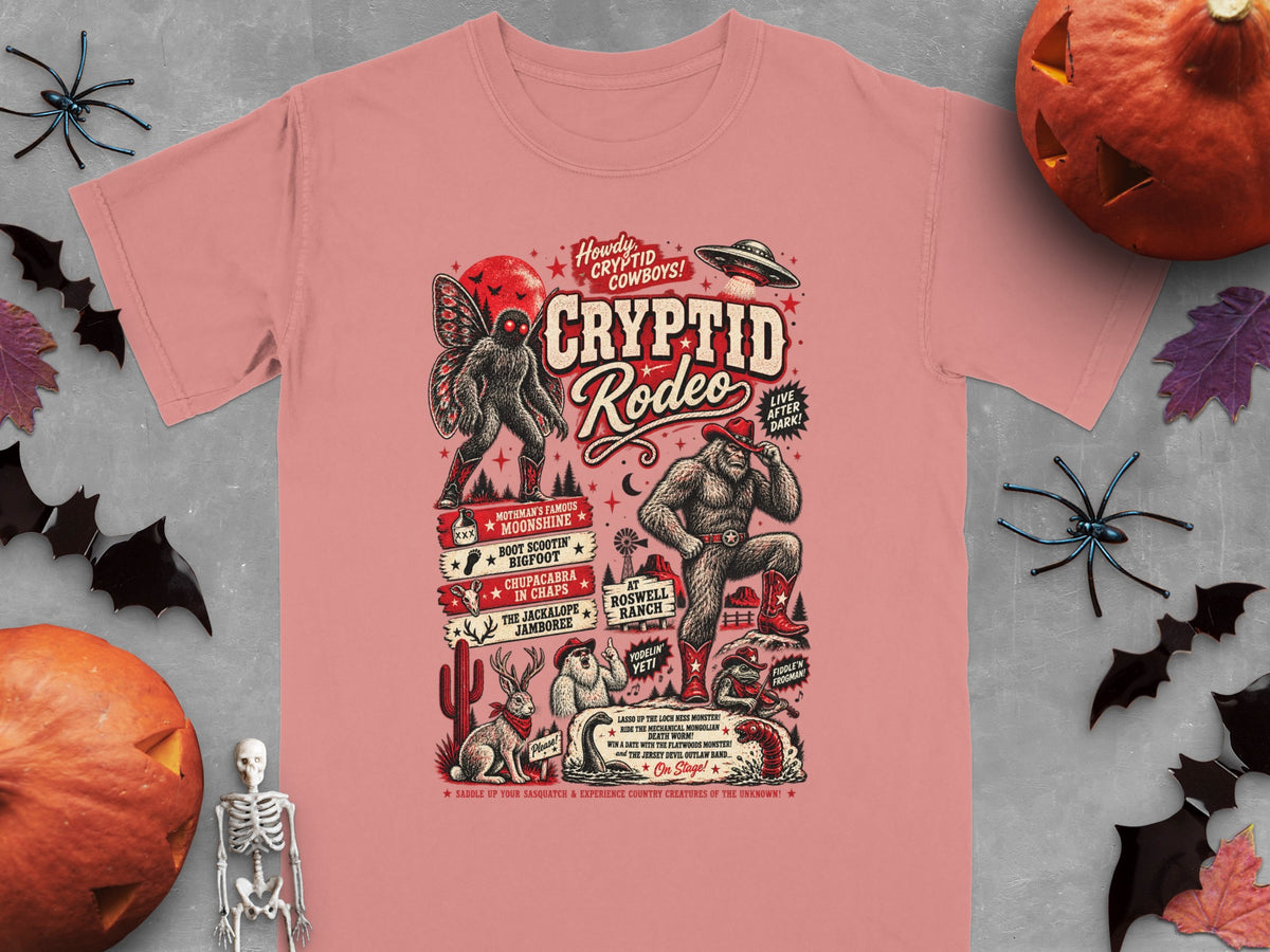 T-shirt design with cryptid characters at a rodeo, including Bigfoot and Mothman.