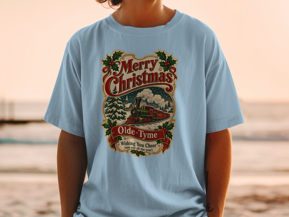 Light blue t-shirt with "Merry Christmas Olde-Tyme Wishing You Cheer" and train graphic.