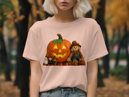 Halloween graphic t-shirt featuring a jack-o'-lantern, scarecrow, ghost, and witch.