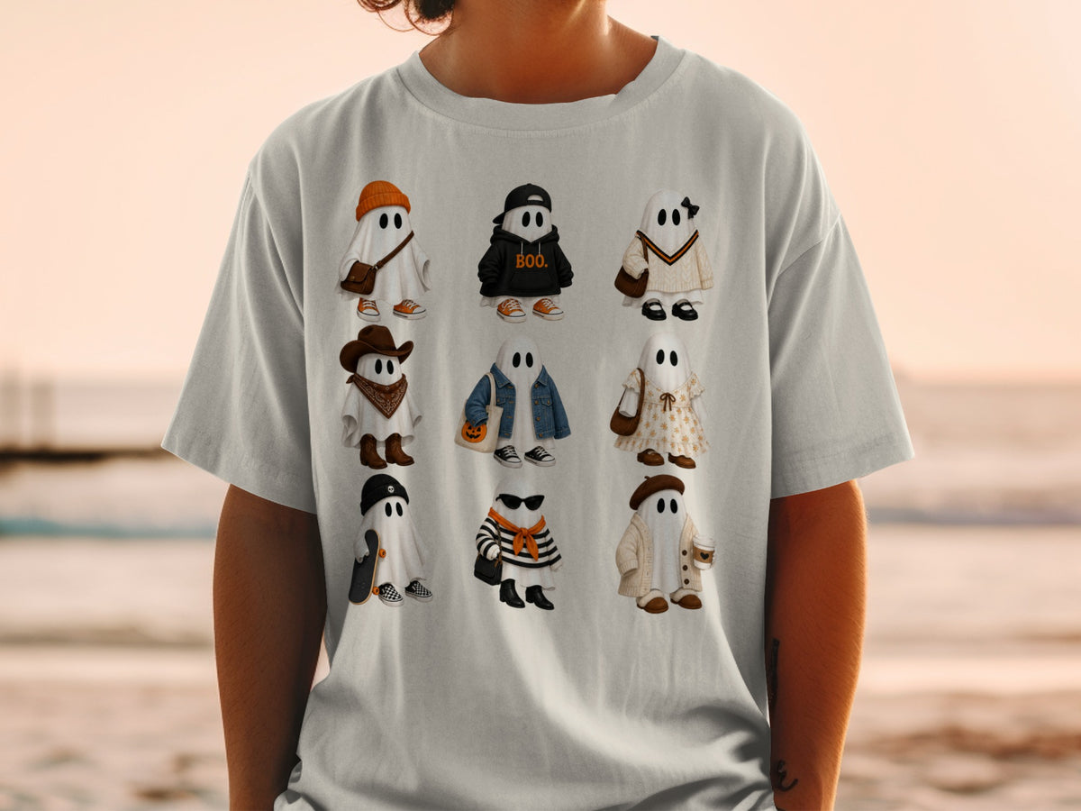 Nine cartoon ghosts in various outfits, including a cowboy, rapper, and fashionista.