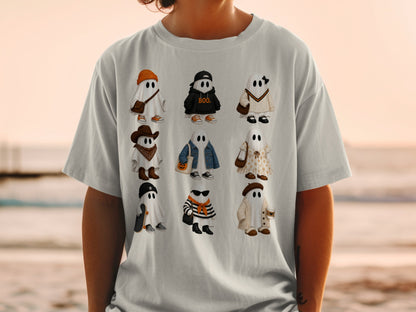 Nine cartoon ghosts in various outfits, including a cowboy, rapper, and fashionista.