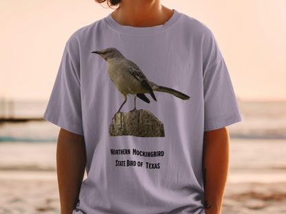 Gray Northern Mockingbird on wooden post, text "Northern Mockingbird State Bird of Texas."