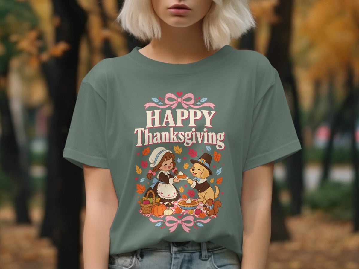 T-shirt with "Happy Thanksgiving" text and pilgrim girl offering pie to a dog.