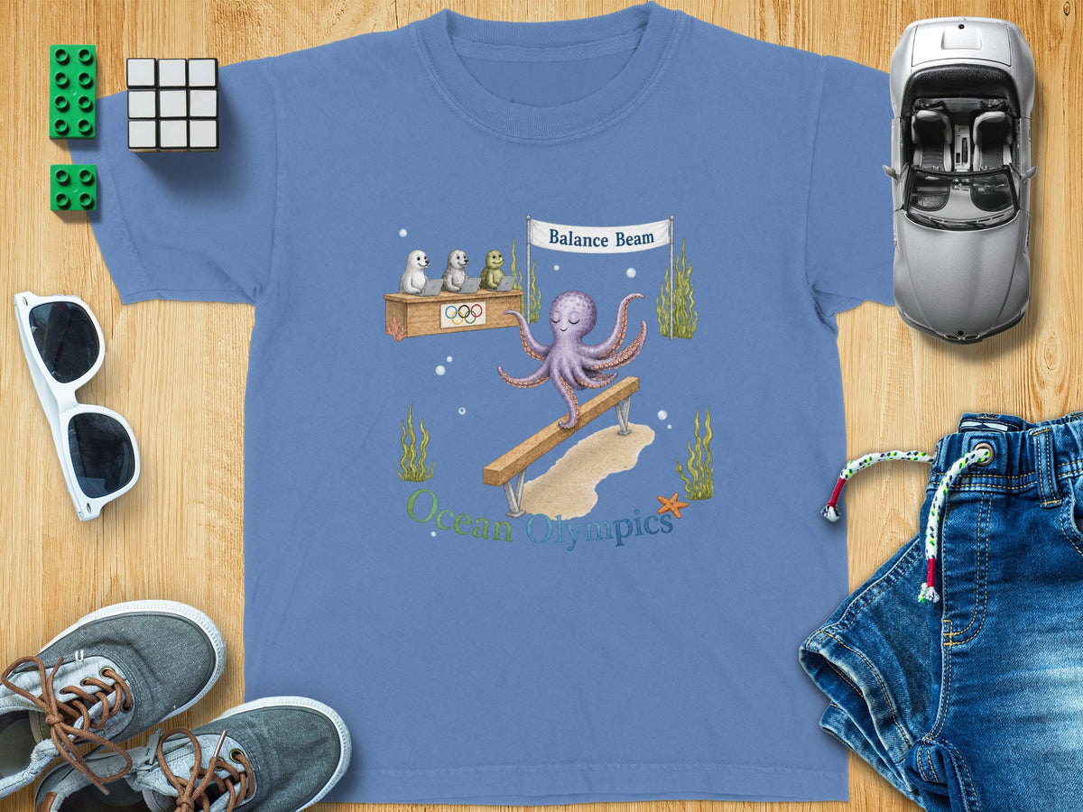 Purple octopus balancing on a beam with seals and frogs watching; "Ocean Olympics" text.