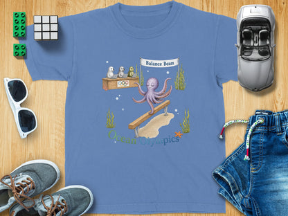 Purple octopus balancing on a beam with seals and frogs watching; "Ocean Olympics" text.