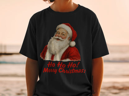 Black t-shirt with vintage Santa Claus graphic and "Ho Ho Ho! Merry Christmas!" text.