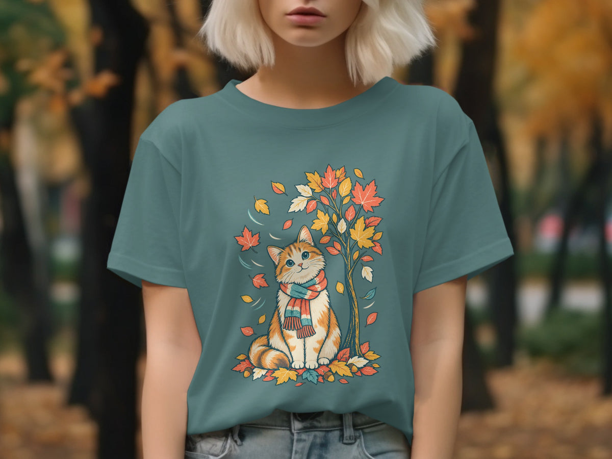Orange and white cat with scarf under autumn tree and falling leaves.