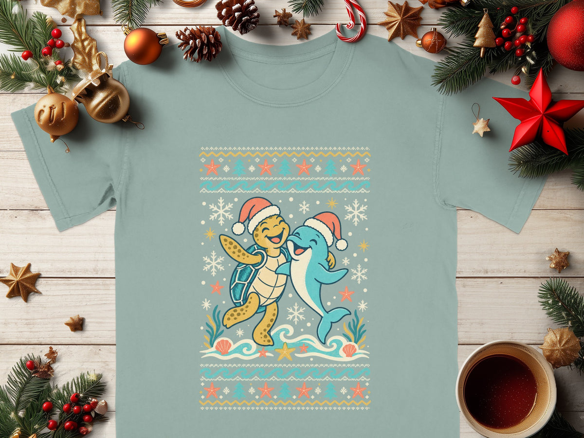 Light blue t-shirt with a turtle and dolphin in Santa hats with snowflakes.