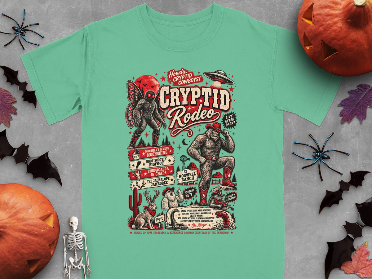 Cryptid Rodeo graphic with Mothman, Bigfoot, Chupacabra, Jackalope, and UFO.