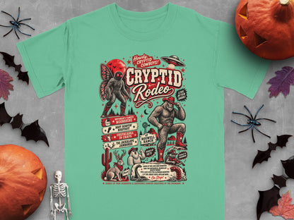 Cryptid Rodeo graphic with Mothman, Bigfoot, Chupacabra, Jackalope, and UFO.