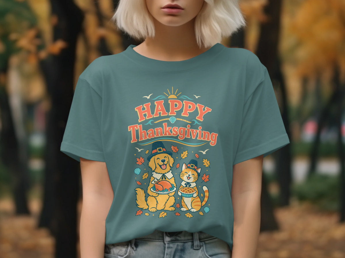 "Happy Thanksgiving" t-shirt with dog holding turkey and cat holding pie.