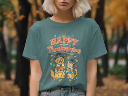 "Happy Thanksgiving" t-shirt with dog holding turkey and cat holding pie.