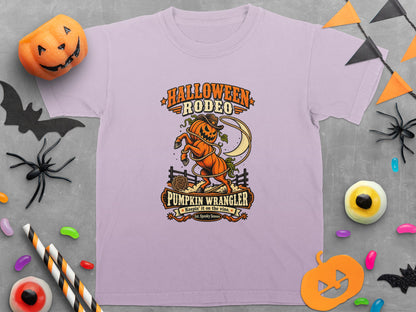 T-shirt with Halloween Rodeo and Pumpkin Wrangler graphic.