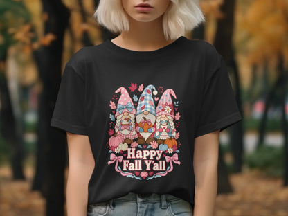 Black t-shirt with three gnomes and "Happy Fall Y'all" text.