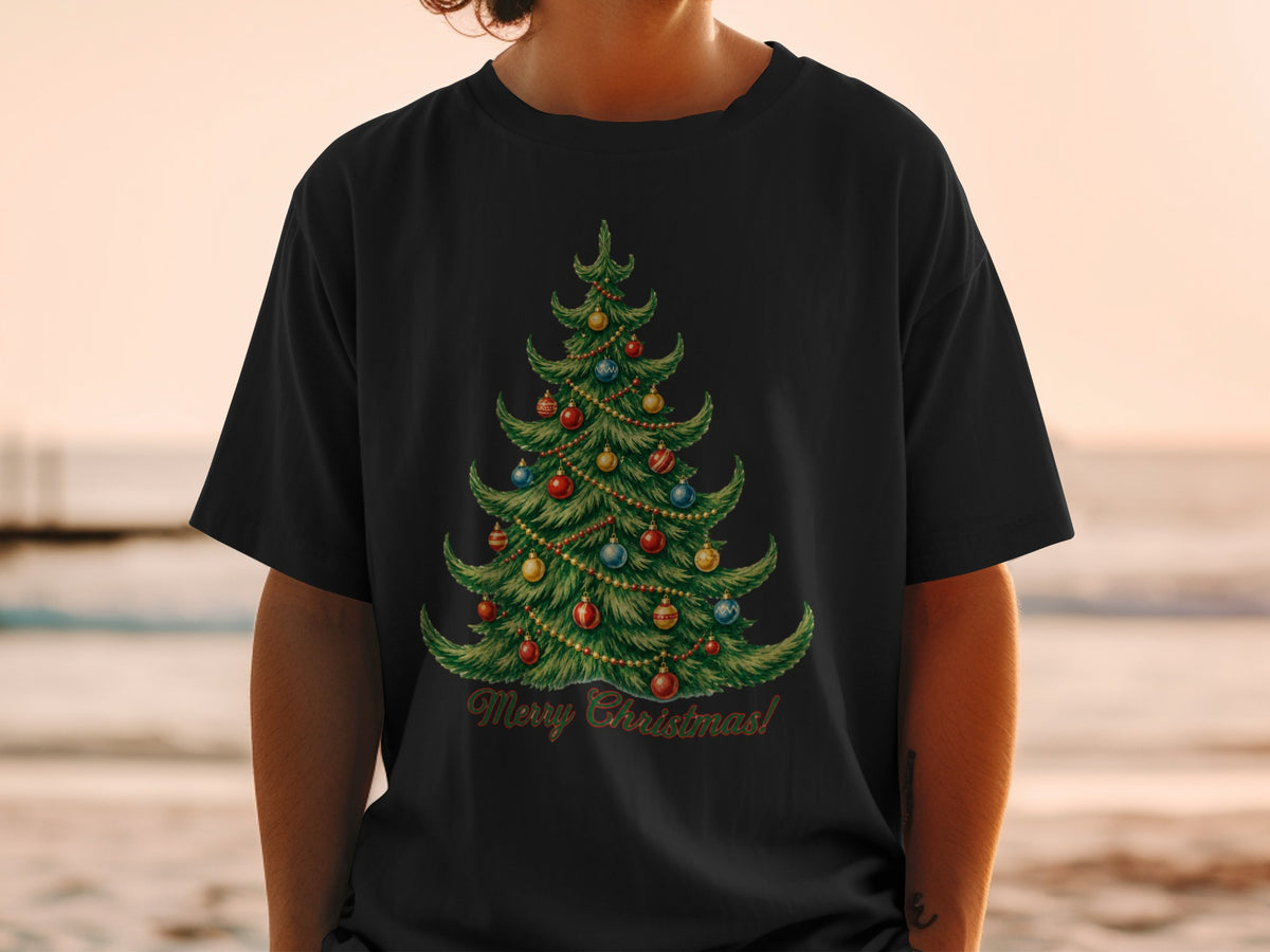 Black t-shirt with a decorated Christmas tree and "Merry Christmas!" text.