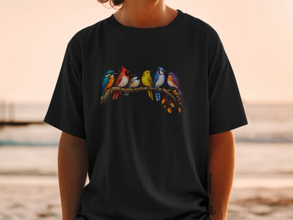 Six colorful birds perched on a branch with autumn leaves.
