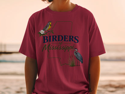 Maroon t-shirt with "Birders of Mississippi" text, a yellow bird, and a blue heron.