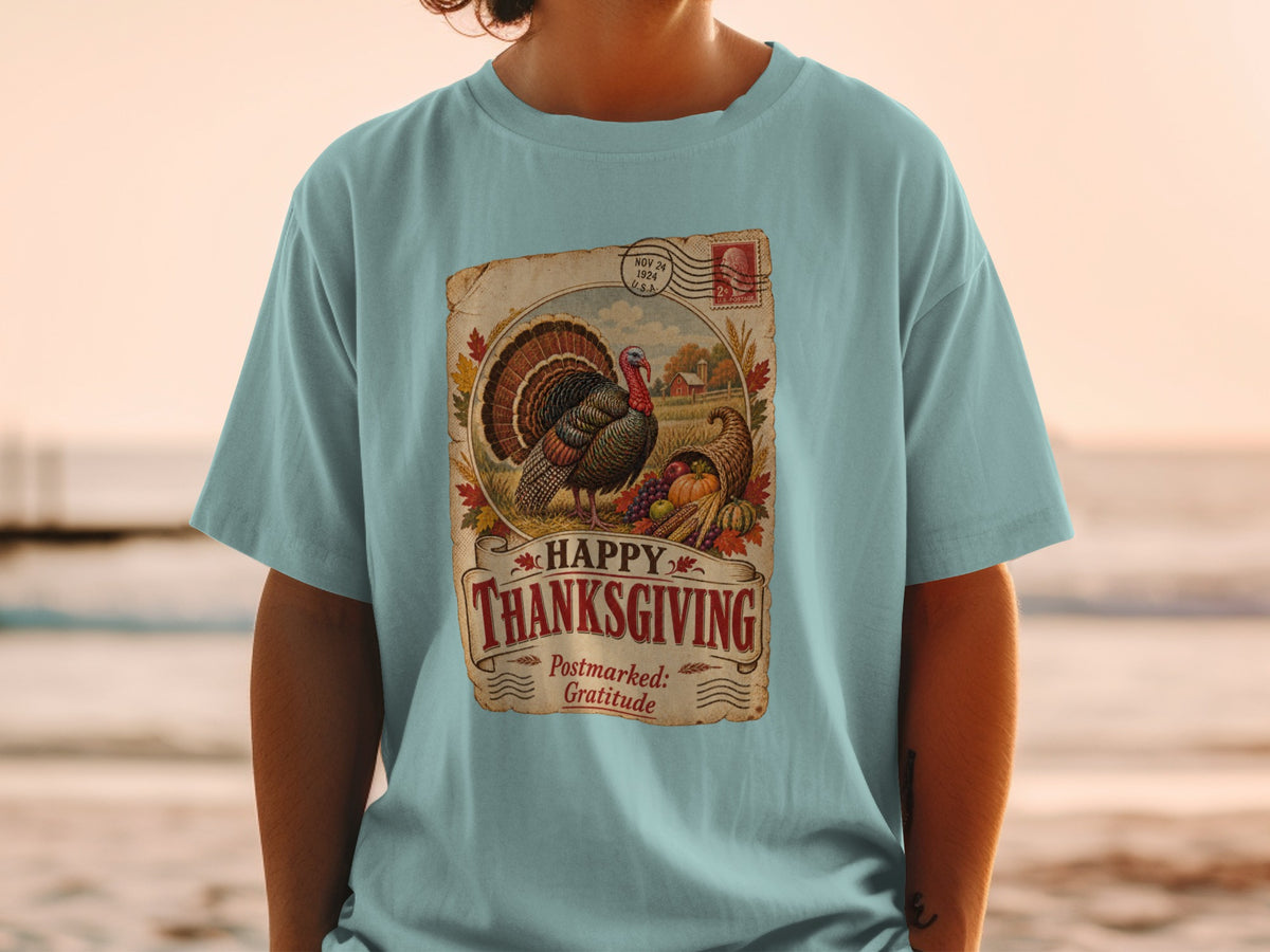 Vintage Thanksgiving graphic with turkey, cornucopia, and "Happy Thanksgiving" text.
