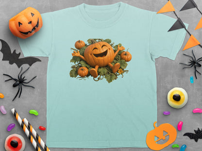 Light blue t-shirt with a cheerful pumpkin design, surrounded by Halloween decorations.