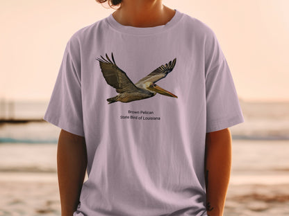 T-shirt with a brown pelican in flight and text "Brown Pelican State Bird of Louisiana".